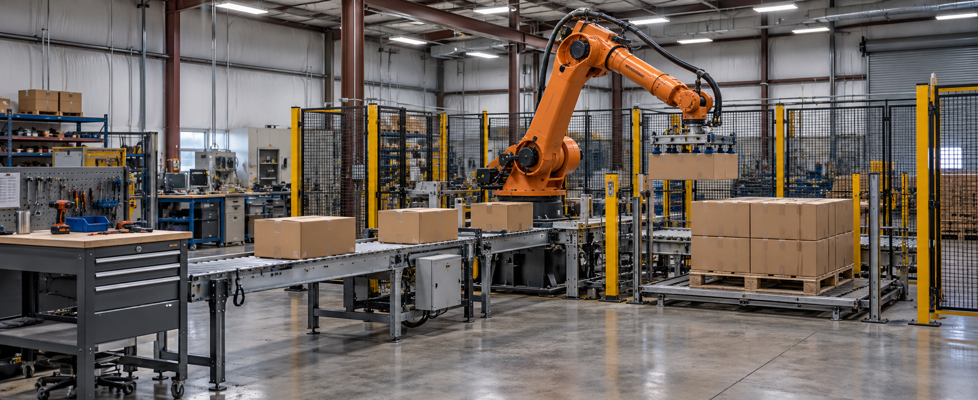 Illustrative fictional robotic palletizing equipment inside an industrial workshop